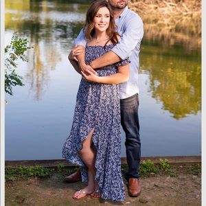 LuLus Fleur-tation Navy Off The Shoulder Dress